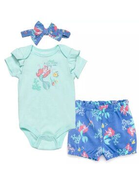 Girls Size 24 Months Disney Princess Ariel Bodysuit, Bubble Shorts, & Headband